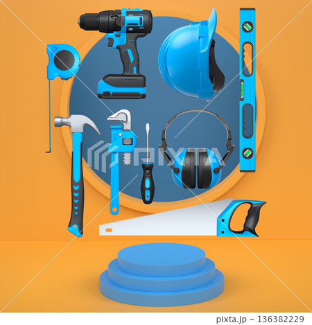 Construction tools and safety equipment floating over podium on abstract background, industrial work and protection concept Construction tools and safety equipment floating over podium on abstract background, industrial work and protection concept 136382229