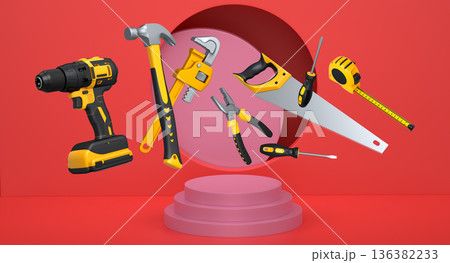 Construction tools and safety equipment floating over podium on abstract background, industrial work and protection concept Construction tools and safety equipment floating over podium on abstract background, industrial work and protection concept 136382233