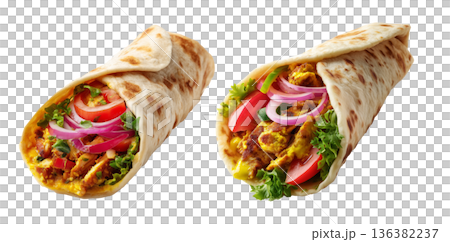 Shish taouk grilled chicken kebab wrap filled with vegetables and herbs, isolated on white transparent background 136382237