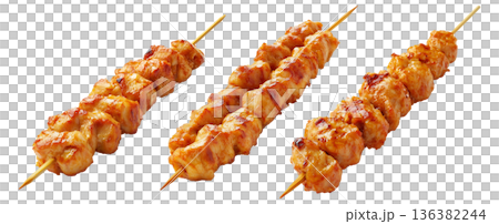 Grilled chicken Satay skewer with a golden brown glaze, isolated on white background, concept of tasty street food Grilled chicken Satay skewer with a golden brown glaze, isolated on white background, concept of tasty street food 136382244