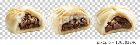 Chinese steamed buns Char Siu Bao filled with savory mushroom pieces isolated on white background 136382246