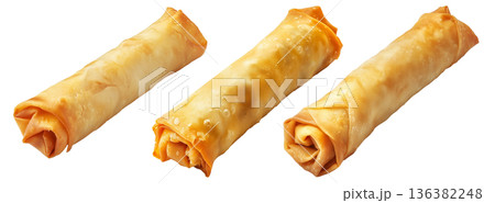 Crispy golden spring rolls with flaky texture shown isolated on white transparent background, Asian snack concept 136382248