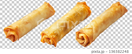 Crispy golden spring rolls with flaky texture shown isolated on white transparent background, Asian snack concept Crispy golden spring rolls with flaky texture shown isolated on white transparent background, Asian snack concept 136382248