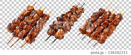 Grilled chicken yakitori skewer with teriyaki glaze or Isaw Filipino street food isolated on white transparent background Grilled chicken yakitori skewer with teriyaki glaze or Isaw Filipino street food isolated on white transparent background 136382251