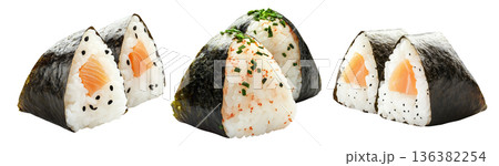Japanese salmon onigiri rice ball wrapped in nori seaweed, isolated on white background, Asian cuisine concept 136382254