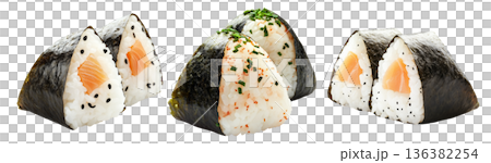 Japanese salmon onigiri rice ball wrapped in nori seaweed, isolated on white background, Asian cuisine concept 136382254