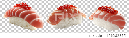 Salmon nigiri sushi with bright red roe, isolated on white background, concept of traditional Japanese cuisine Salmon nigiri sushi with bright red roe, isolated on white background, concept of traditional Japanese cuisine 136382255