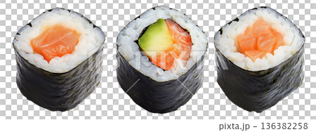 Sushi roll Maki with salmon, avocado, cucumber and rice wrapped in seaweed, isolated on white transparent background Sushi roll Maki with salmon, avocado, cucumber and rice wrapped in seaweed, isolated on white transparent background 136382258