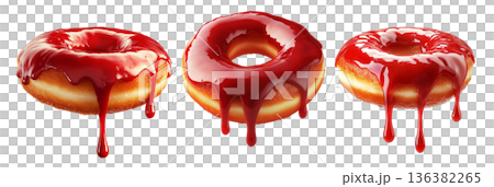 Tasty donut with glossy red glaze dripping down, isolated on white transparent background. Concept of sweet dessert Tasty donut with glossy red glaze dripping down, isolated on white transparent background. Concept of sweet dessert 136382265