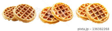 Golden brown waffle with crispy edges and soft texture, isolated on white background, concept of breakfast food 136382268
