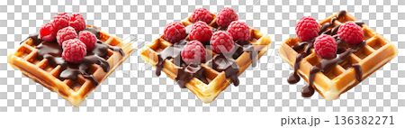 Waffle topped with fresh raspberries and drizzled chocolate syrup, isolated on white, concept of sweet dessert snack Waffle topped with fresh raspberries and drizzled chocolate syrup, isolated on white, concept of sweet dessert snack 136382271