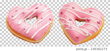 Heart-shaped donut topped with pink icing, white drizzle and small hearts on white transparent background 136382273