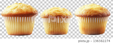 Golden brown vanilla muffin with fluffy texture in paper liner, isolated on white transparent background 136382274