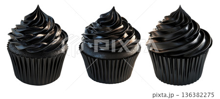 Cupcake with rich glossy black chocolate frosting and black wrapper, isolated on white transparent background 136382275