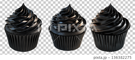 Cupcake with rich glossy black chocolate frosting and black wrapper, isolated on white transparent background 136382275