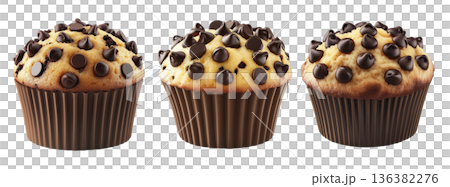 Chocolate chip muffin with golden top and dark wrapper, isolated on white background, concept of sweet food and dessert Chocolate chip muffin with golden top and dark wrapper, isolated on white background, concept of sweet food and dessert 136382276