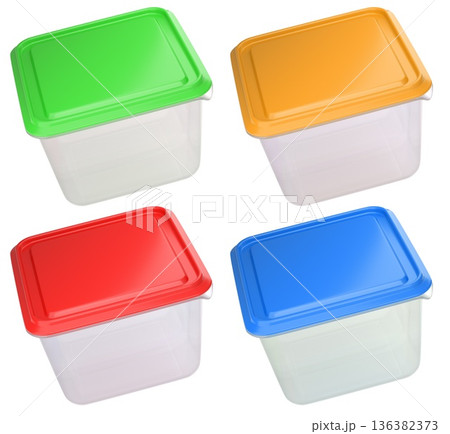 Set of vibrant square plastic food storage containers with colorful lids, isolated on white background Set of vibrant square plastic food storage containers with colorful lids, isolated on white background 136382373