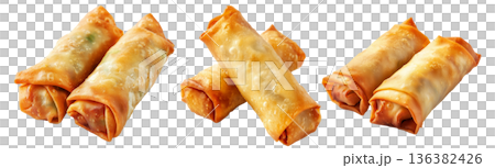Crispy golden spring rolls with flaky texture shown isolated on white transparent background, Asian snack concept Crispy golden spring rolls with flaky texture shown isolated on white transparent background, Asian snack concept 136382426