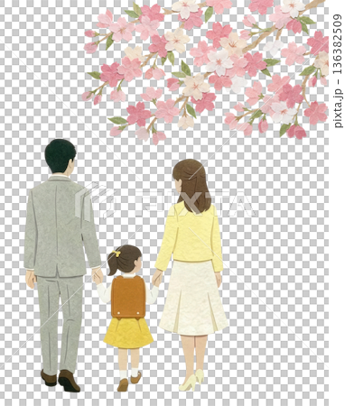 一家人在櫻花樹下漫步——日本剪紙插圖 136382509