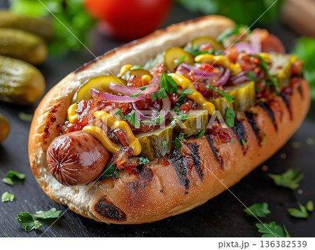 Premium grilled hot dog with pickles and signature sauces, presented as gourmet street food. Upscale fast-food menu, takeaway concepts and contemporary restaurant advertising. Luxury presentation. 136382539