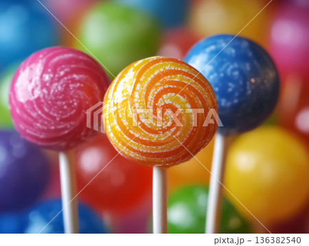 Premium colorful lollipops arranged as luxury confectionery desserts. Perfect for upscale candy brands, gourmet sweet shops, creative foods advertising and high-end dessert visuals. 136382540