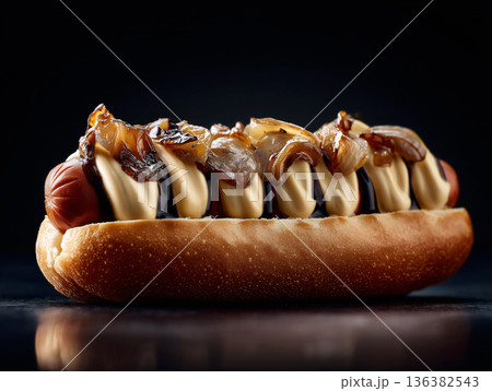 Premium hot dog with grilled sausage and rich sauce, presented as upscale street food. Fast-food branding, takeaway menu, delivery platforms, restaurant marketing visuals. Luxury presentation. Premium hot dog with grilled sausage and rich sauce, presented as upscale street food. Fast-food branding, takeaway menu, delivery platforms, restaurant marketing visuals. Luxury presentation. 136382543