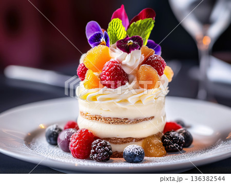 Parfait with raspberries, blackberries, blueberries, mango, yogurt, whipped cream. Premium layered mini cake with berries, edible flowers. Luxury presentation. Restaurant serving. Upscale desserts. Parfait with raspberries, blackberries, blueberries, mango, yogurt, whipped cream. Premium layered mini cake with berries, edible flowers. Luxury presentation. Restaurant serving. Upscale desserts. 136382544
