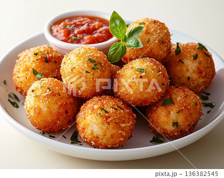 Premium fried cheese balls served with dipping sauce. Mozzarella balls with marinara sauce, herbs and golden crispy texture. Gourmet street food. Fast-food snack, menu, cafes, delivery, advertising. 136382545