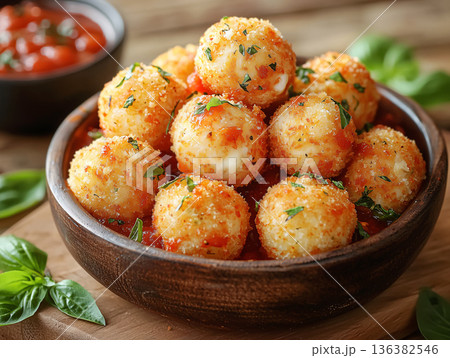 Premium mozzarella cheese balls with herbs, marinara sauce and golden crispy texture. Gourmet street food. Fast-food appetizers, delivery services and upscale casual dining menu. Premium mozzarella cheese balls with herbs, marinara sauce and golden crispy texture. Gourmet street food. Fast-food appetizers, delivery services and upscale casual dining menu. 136382546