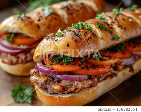 Premium grilled meat sandwich with tomato and red onion. Gourmet street food. Perfect for upscale fast-food menu, cafes, takeaway branding and commercial food marketing. Luxury presentation. 136382551