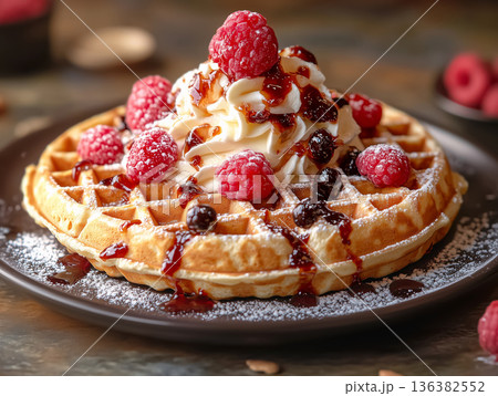 Premium waffle served with whipped cream, fresh raspberries, sweet sauce and powdered sugar. Luxury presentation. Restaurant service. Street food or fast-food cafes, delivery, upscale casual dining. 136382552
