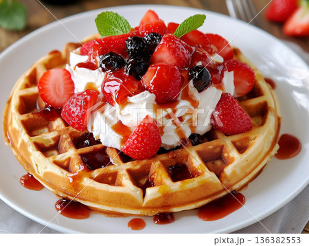 Premium waffle topped with whipped cream, fresh strawberries, sweet sauce and mint. Luxury presentation. Restaurant service. Street food, fast-food cafes menu. Delivery services. Upscale casual dining Premium waffle topped with whipped cream, fresh strawberries, sweet sauce and mint. Luxury presentation. Restaurant service. Street food, fast-food cafes menu. Delivery services. Upscale casual dining 136382553