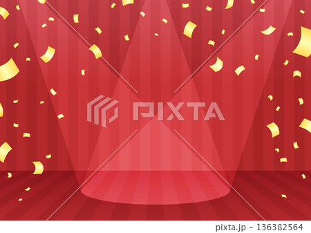 表彰式や公演告知に最適なスポットライトが当たるステージに降り注ぐ金色の紙吹雪が華やかな赤いステージ 表彰式や公演告知に最適なスポットライトが当たるステージに降り注ぐ金色の紙吹雪が華やかな赤いステージ 136382564