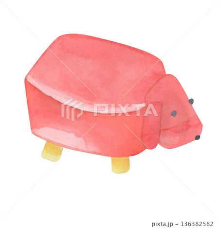 Cute upholstered illustration of a chair with a soft red cushion toy dog and wooden legs. Cozy cartoon-style furniture, perfect for home interiors and cute decor designs Cute upholstered illustration of a chair with a soft red cushion toy dog and wooden legs. Cozy cartoon-style furniture, perfect for home interiors and cute decor designs 136382582