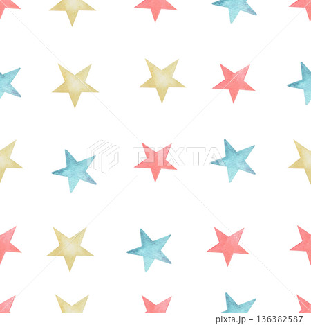 Watercolor star seamless pattern. Cute blue, red and yellow stars. Beautiful design for baby dress, child skirt, kid cloth, wrapping, paper, card, print, cover, confetti, scrapbooking 136382587
