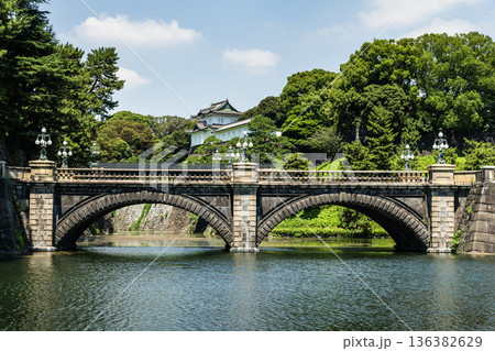 Building view of the Seimon Ishibashi Bridge at Kokyo Gaien in Chiyoda, Tokyo, Japan, which leads to the main gate of the Imperial Palace (Kokyo). Building view of the Seimon Ishibashi Bridge at Kokyo Gaien in Chiyoda, Tokyo, Japan, which leads to the main gate of the Imperial Palace (Kokyo). 136382629