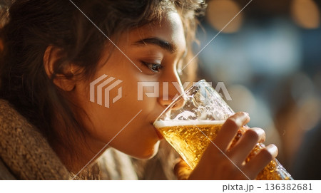 Close-up portrait of a young woman drinking a cold, golden beer with foam, blurred background. Close-up portrait of a young woman drinking a cold, golden beer with foam, blurred background. 136382681