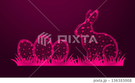 Low poly wireframe easter bunny with eggs on dark pink background. 136383008