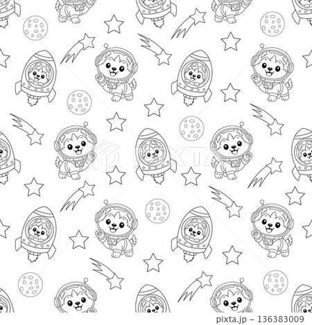 Seamless pattern with husky dog astronaut in space with rocket and stars on white background. 136383009
