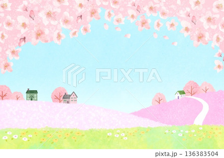青空に満開の桜が咲く春の街並みの風景イラスト 青空に満開の桜が咲く春の街並みの風景イラスト 136383504