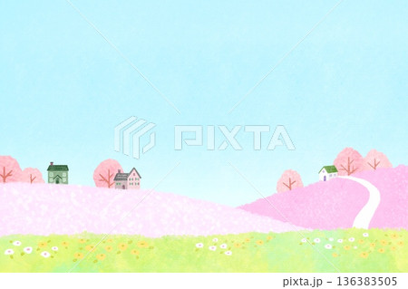 野原に咲く花々と山と家の春イメージの風景イラスト 136383505