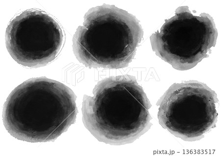 Abstract black ink stains and round watercolor blots. Grunge textures with soft edges and ink bleed effect. Traditional oriental ink wash style for artistic background, labels and zen-inspired. 136383517