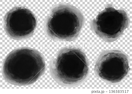 Abstract black ink stains and round watercolor blots. Grunge textures with soft edges and ink bleed effect. Traditional oriental ink wash style for artistic background, labels and zen-inspired. 136383517