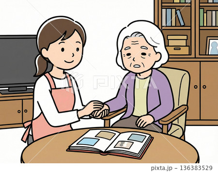 介護施設の高齢者と介護する女性介護士 136383529