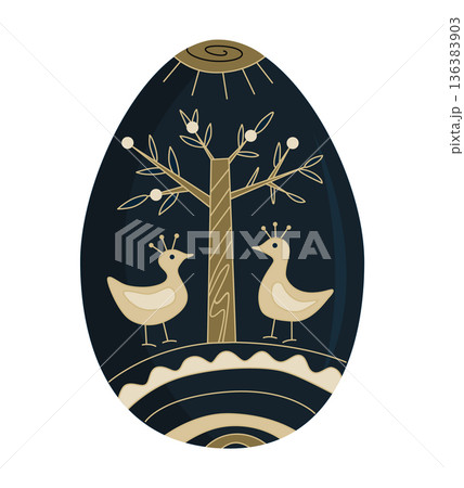 Easter egg decorated with abstract linear birds and tree of life symbols. Vector graphic isolated illustration 136383903