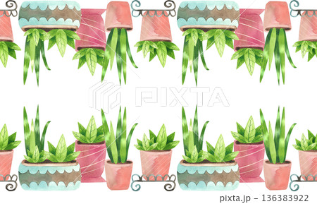Seamless border with houseplants in various pots. Watercolor illustration of flowers in a simple flat style. 136383922