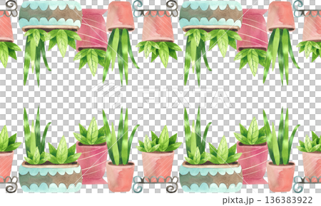 Seamless border with houseplants in various pots. Watercolor illustration of flowers in a simple flat style. Seamless border with houseplants in various pots. Watercolor illustration of flowers in a simple flat style. 136383922