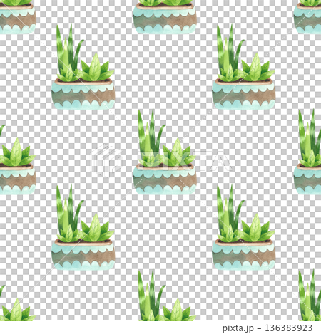 Seamless pattern with indoor plants in blue-patterned pots. Watercolor illustration of flowers in a simple flat style. Seamless pattern with indoor plants in blue-patterned pots. Watercolor illustration of flowers in a simple flat style. 136383923