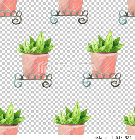 Seamless pattern with potted houseplants on a flower stand. Watercolor illustration of flowers in a simple flat style. Seamless pattern with potted houseplants on a flower stand. Watercolor illustration of flowers in a simple flat style. 136383924