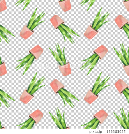 Seamless pattern with potted houseplants. Watercolor illustration of green leaves in a simple flat style. Seamless pattern with potted houseplants. Watercolor illustration of green leaves in a simple flat style. 136383925